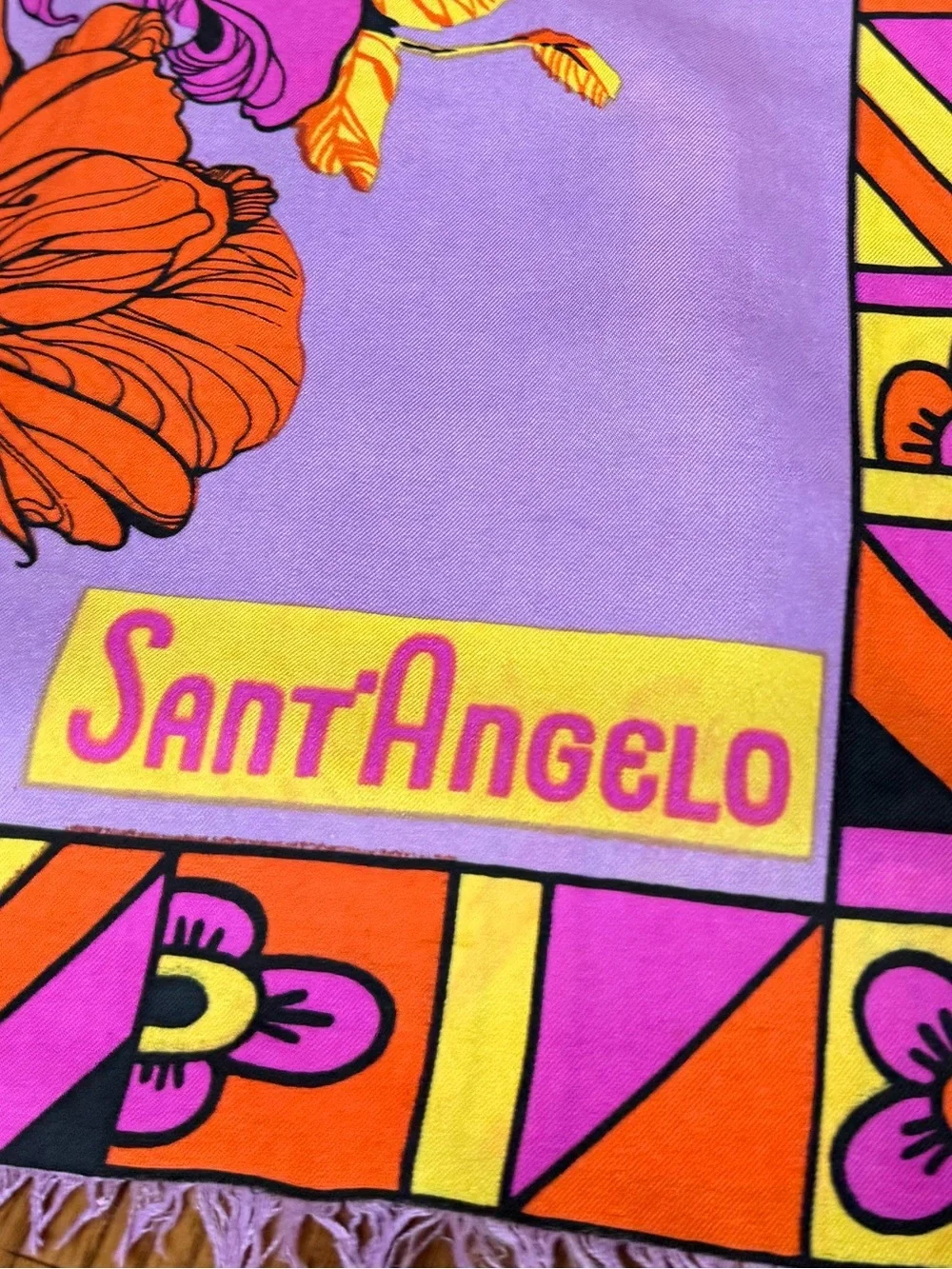 Sant’ Angelo Purple Floral Silk Scarf Luxury Vintage Mod 70s Tropical Floral